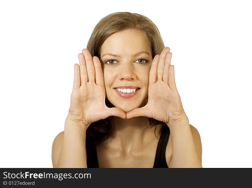 Woman framed her face with her hands. Woman framed her face with her hands