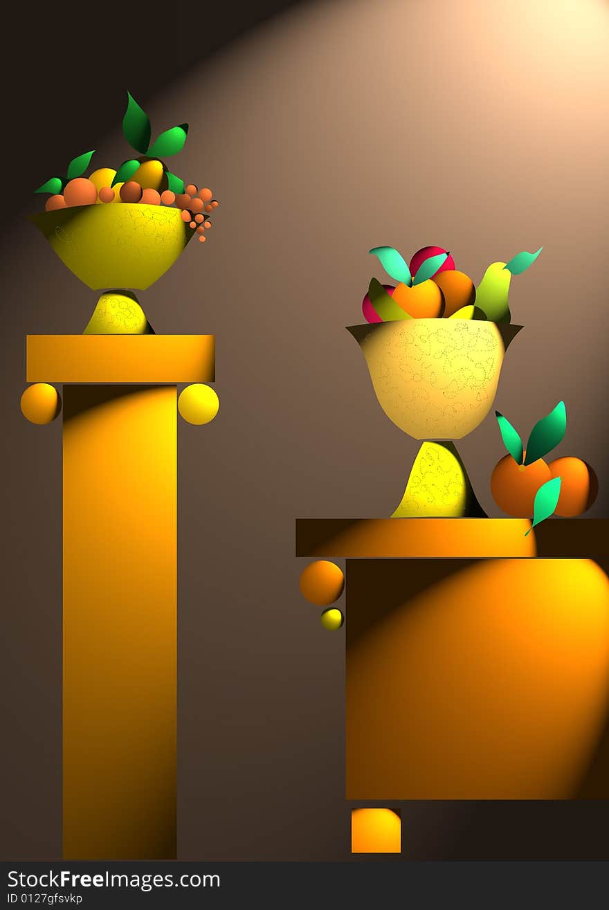 Baskets of fruit,columns,vases