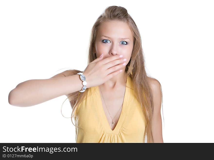 Beautiful girl with the surprised face isolated on a white background. Beautiful girl with the surprised face isolated on a white background