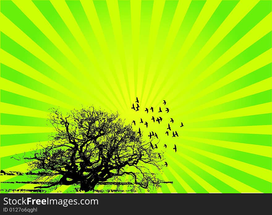 A tree with birds and green gradient background tree and birds are  made. A tree with birds and green gradient background tree and birds are  made.