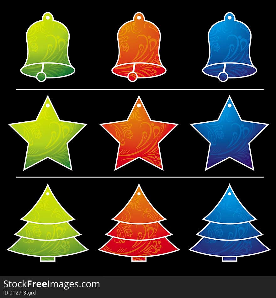 Nine christmas toy over black background, vector. Nine christmas toy over black background, vector