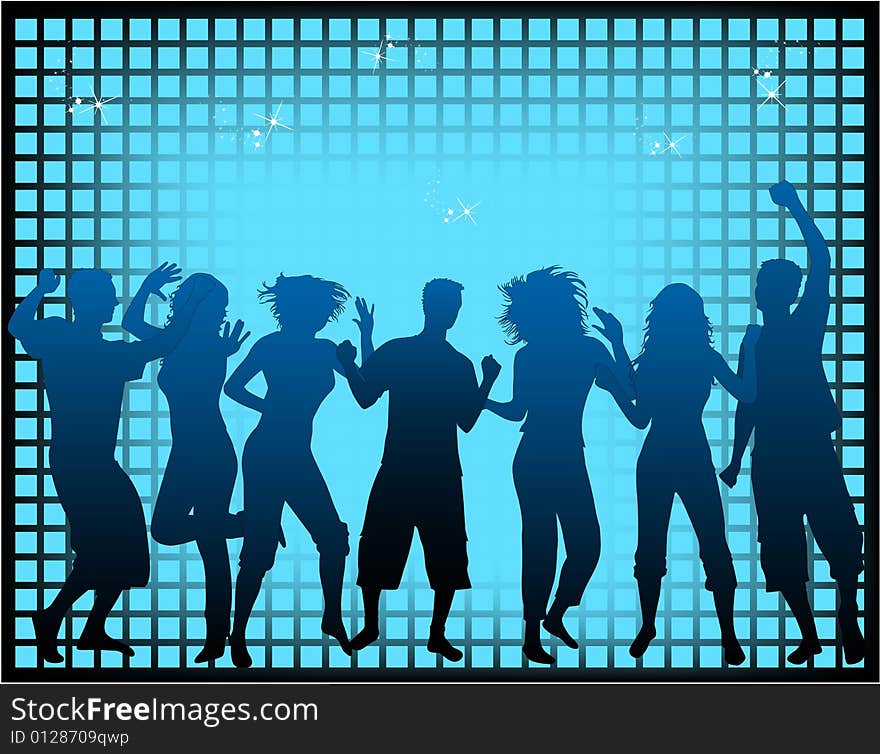 Free people-dance silhouette, blue background