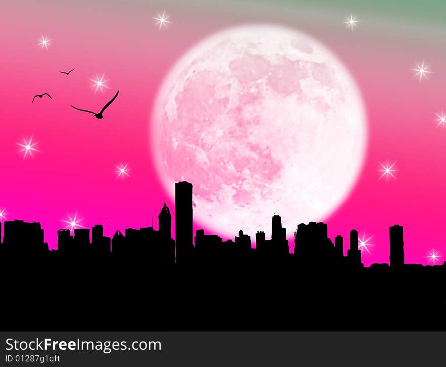 City skyline in the moonlight and starrry sky. City skyline in the moonlight and starrry sky