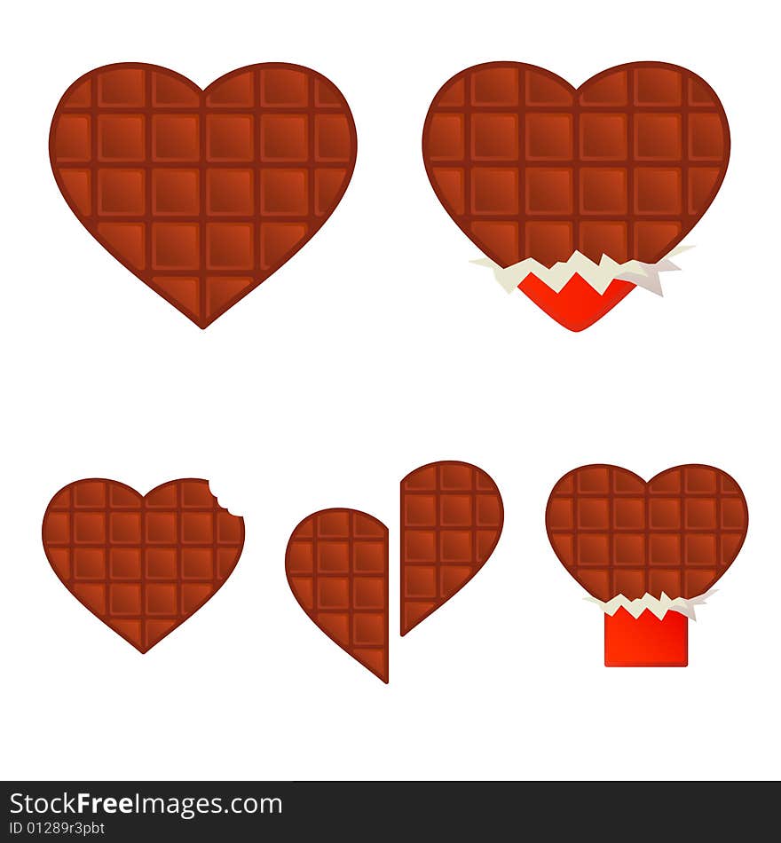 Different chocolate hearts - in a wrapper and without. There is a taken a bite heart and pulled down half-and-half. Bon appetit.