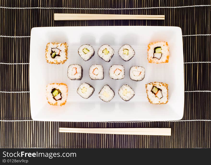 A plate with different kinds of sushi