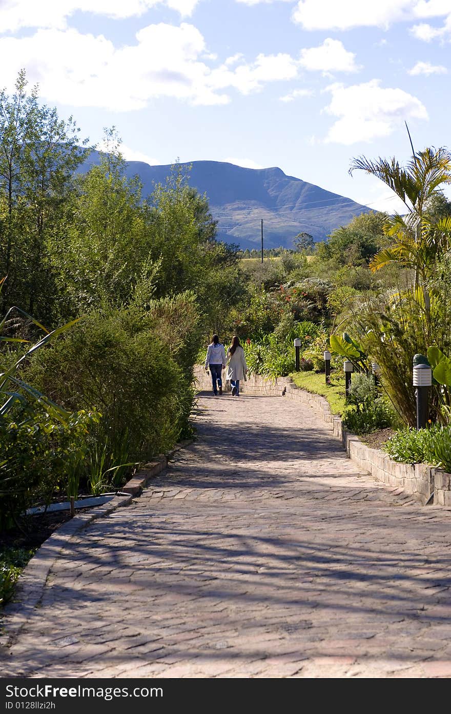 A brick walkway leading through a beautiful lush garden. Two young ladies are walking down the path. A brick walkway leading through a beautiful lush garden. Two young ladies are walking down the path.