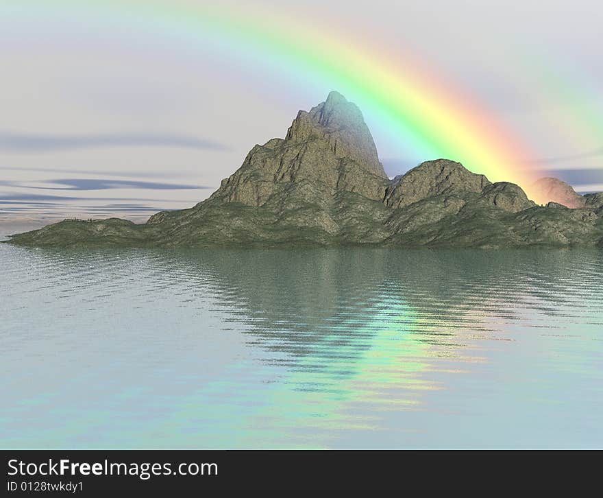 Illustration of an island with rainbow in background. Illustration of an island with rainbow in background