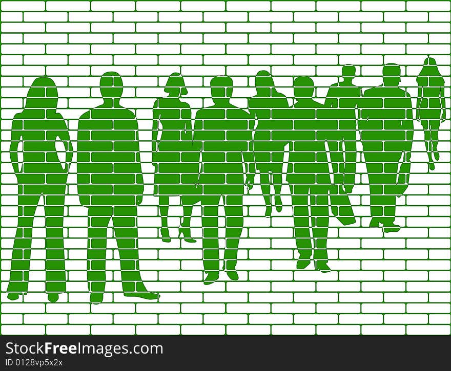 Illustration of people, wall, green