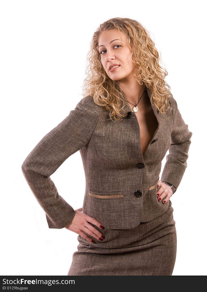 Suspicious businesswoman against white background