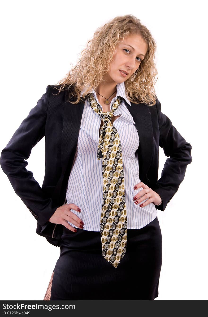 Suspicious businesswoman against white background