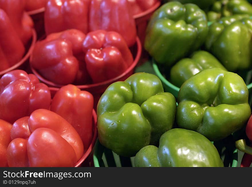 Red and green peppers at the market