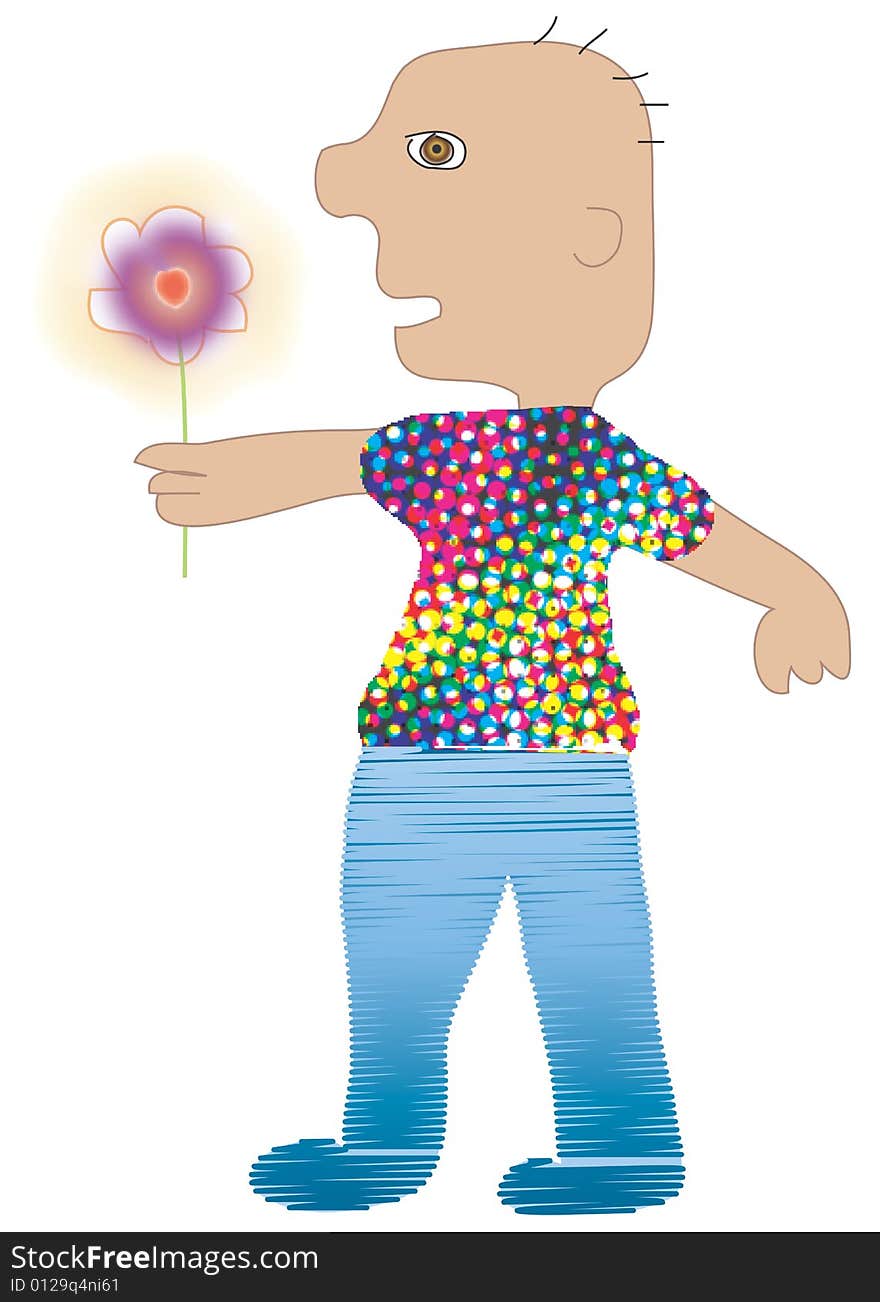 Illustration, computer drawing, young man is holding flower. Illustration, computer drawing, young man is holding flower