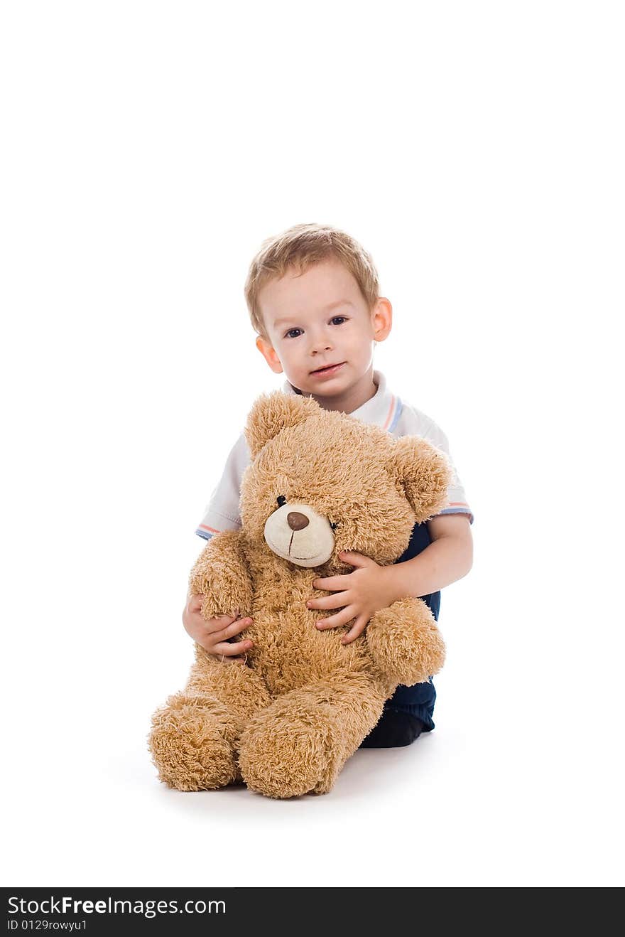 Child with bear on white