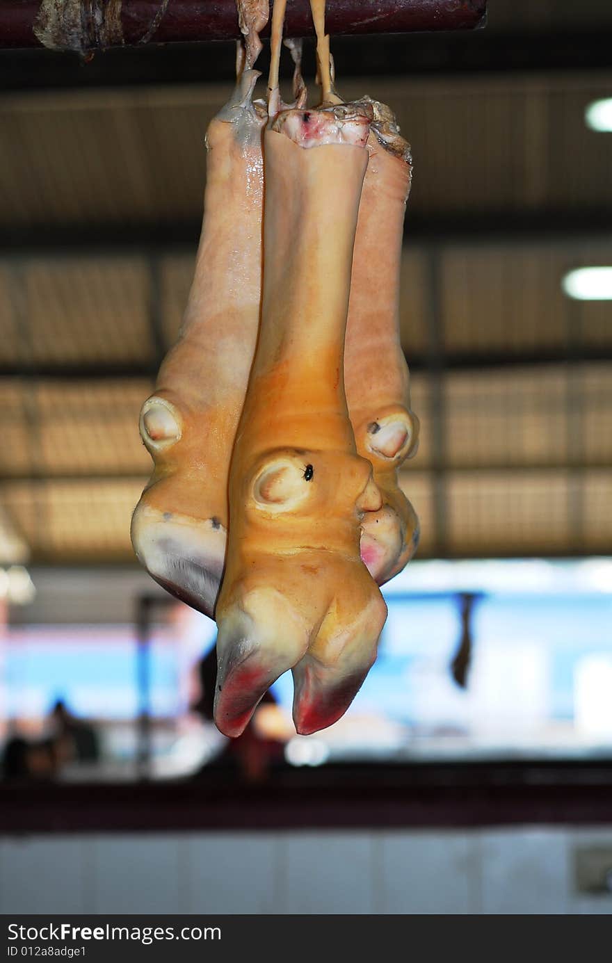 Fresh pig's feet hanging in open air market with a fly on one. Fresh pig's feet hanging in open air market with a fly on one.