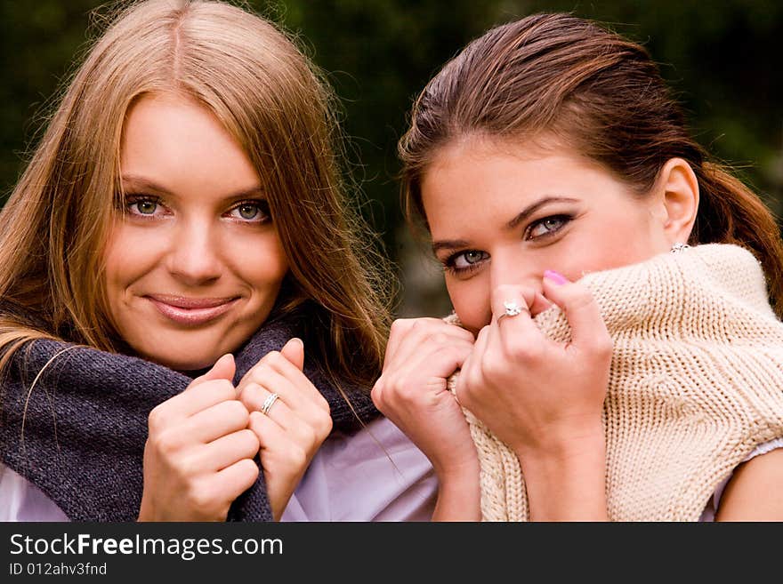 Portrait of two lovely girlfriends in summer park