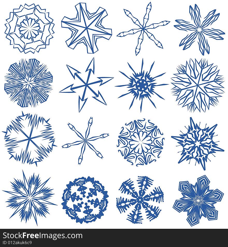 A set of 16 blue snowflakes. A set of 16 blue snowflakes.