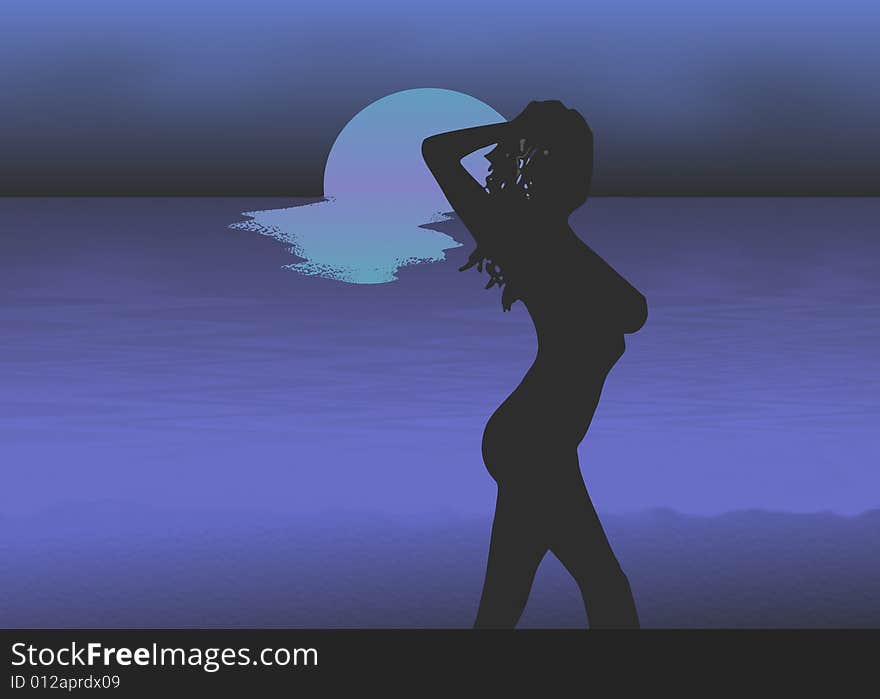 Silouette of a woman on the sea at night