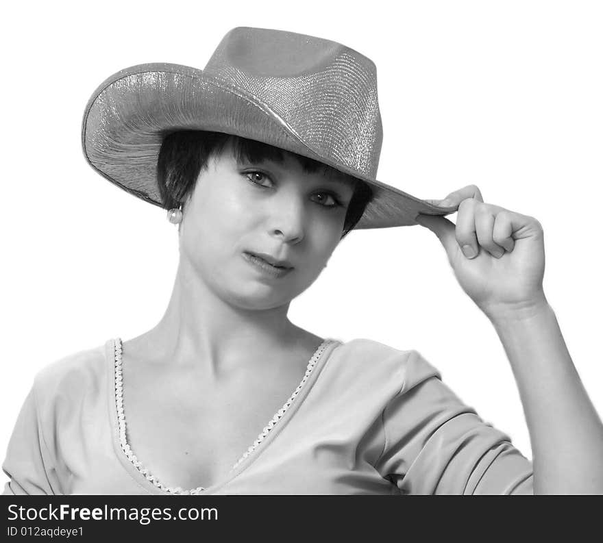 The Beautiful Girl In A Cowboy S Hat. Isolated.