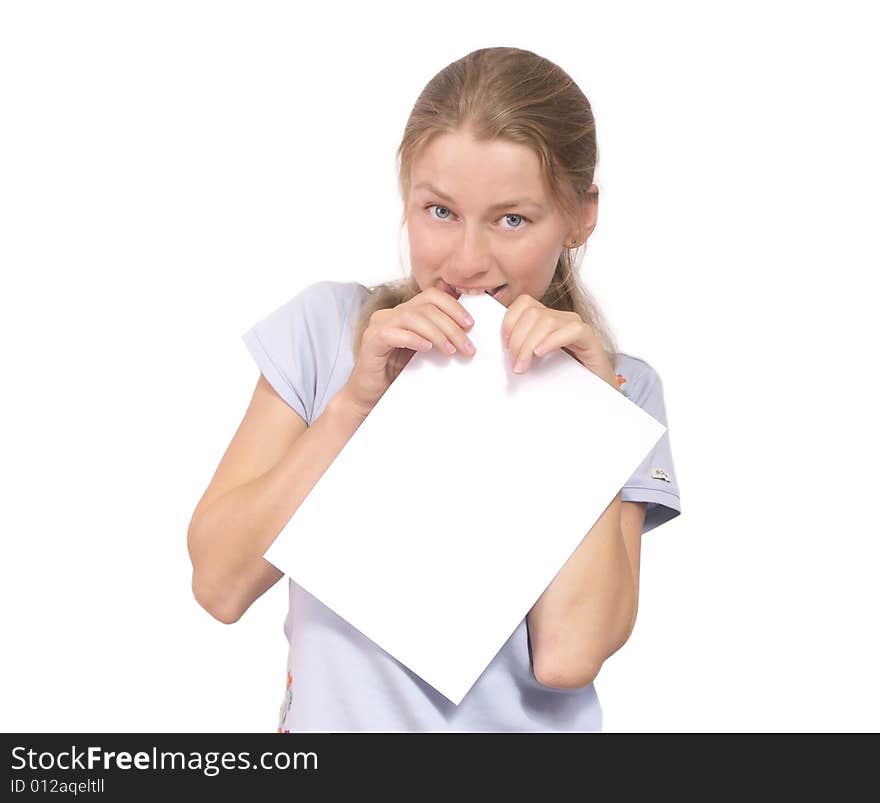 The beautiful girl with white Piece of paper