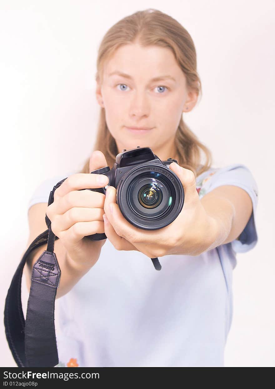 The Beautiful Girl With White Photocamera