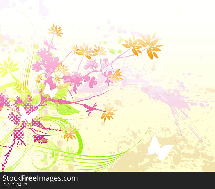 Green floral flowers with butterfly and paint drips. Green floral flowers with butterfly and paint drips