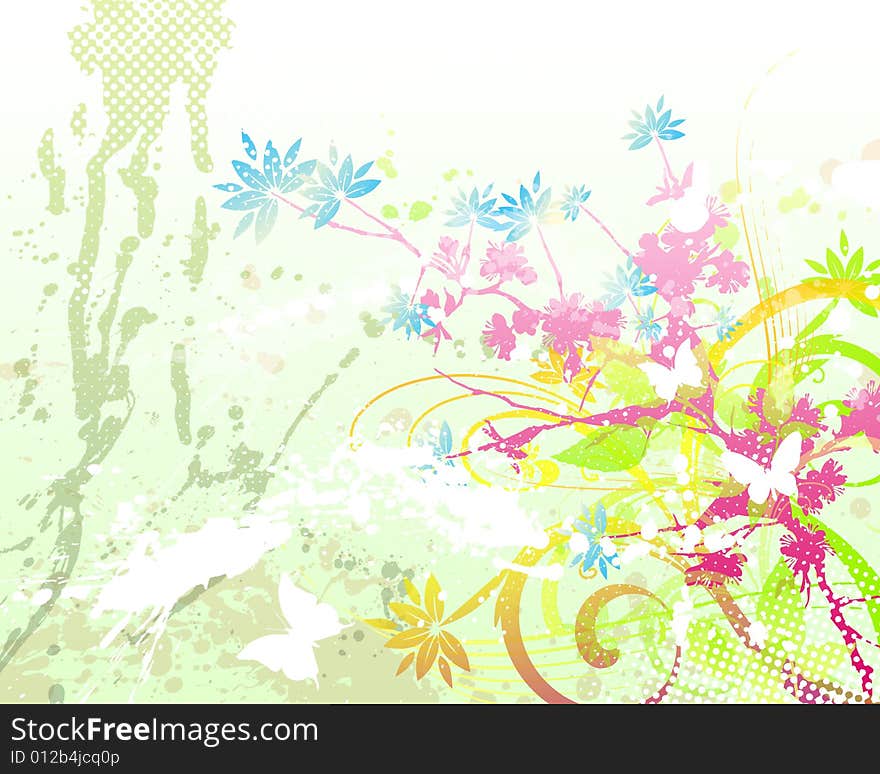 Green floral flowers with butterfly and paint drips. Green floral flowers with butterfly and paint drips