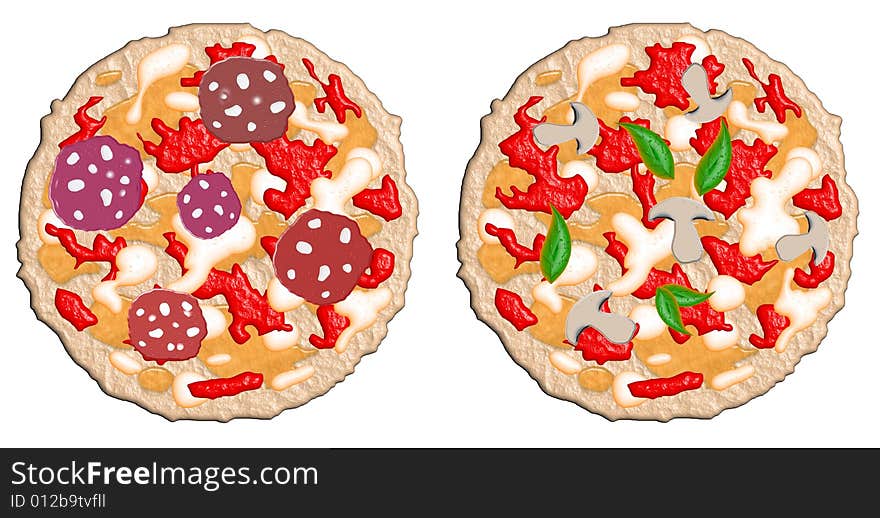 Two pizzas with various bitmap effects, one with sliced salami and one with basil and chopped mushrooms. Two pizzas with various bitmap effects, one with sliced salami and one with basil and chopped mushrooms