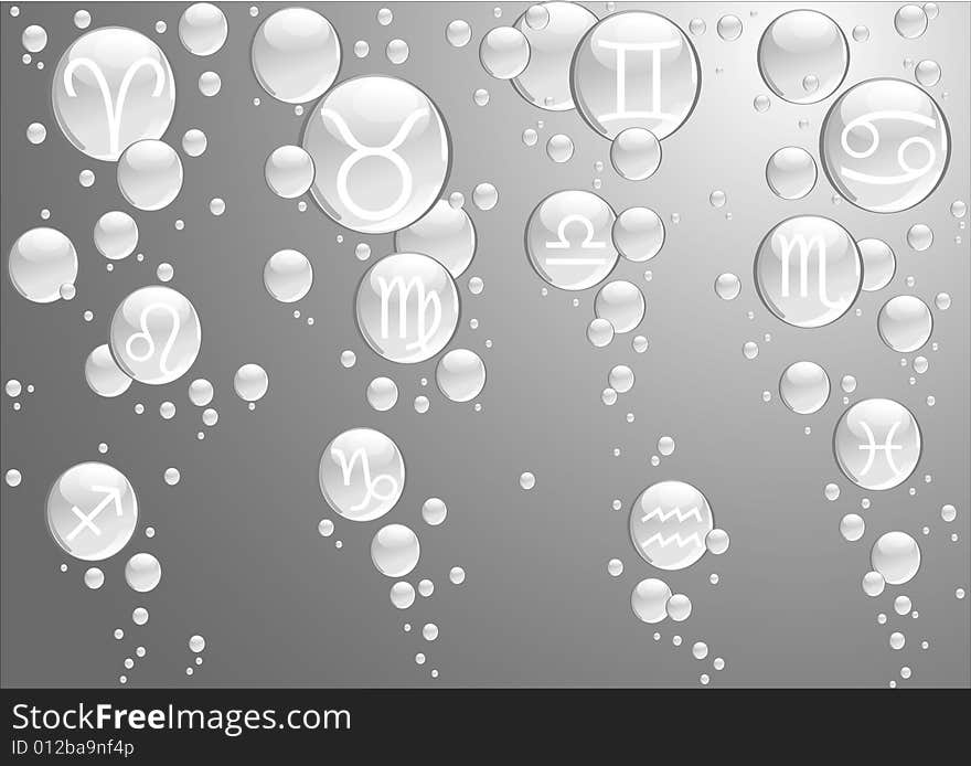 Bubbles with 12 zodiac signs on grey background. Additional vector format in EPS (v.8). Bubbles with 12 zodiac signs on grey background. Additional vector format in EPS (v.8).