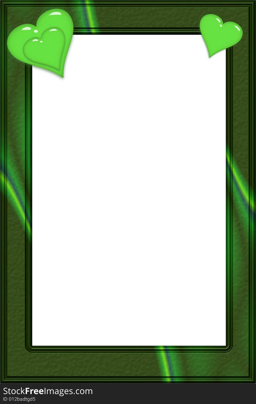 Frame made of green translucent stone and some glassy acid green hearts. Frame made of green translucent stone and some glassy acid green hearts