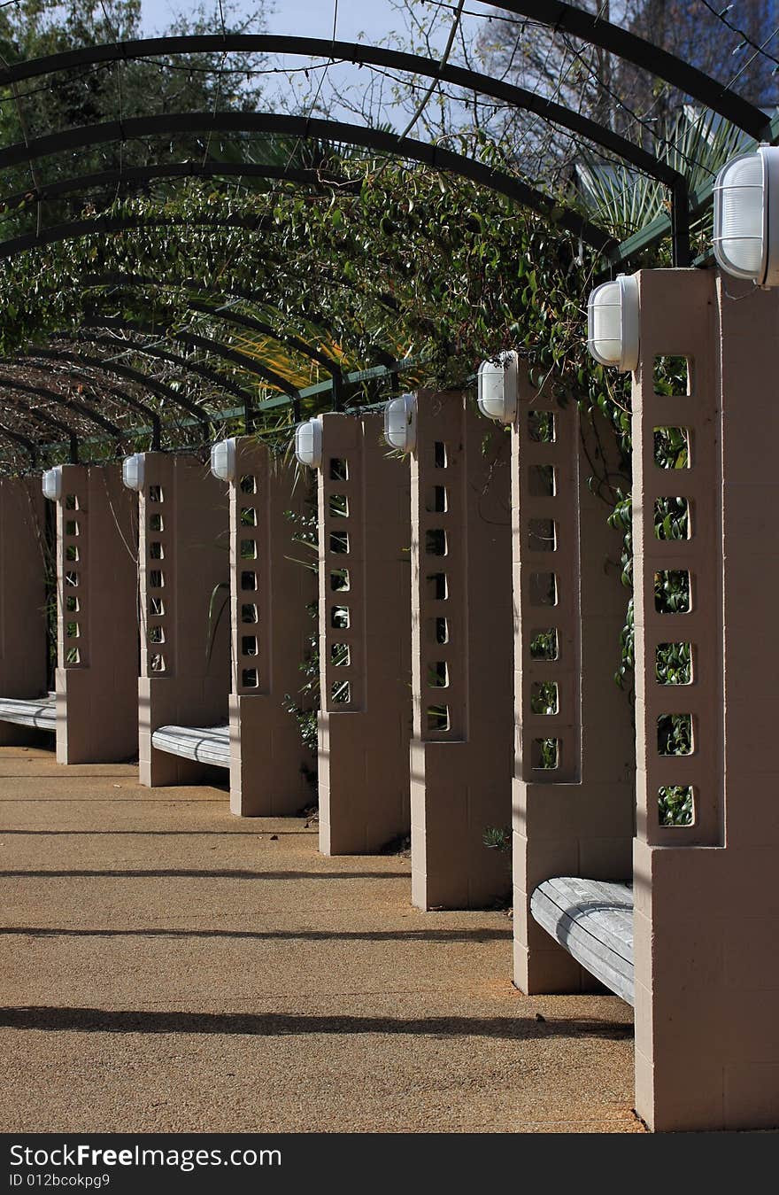 A landscaped garden walkway in late evening.