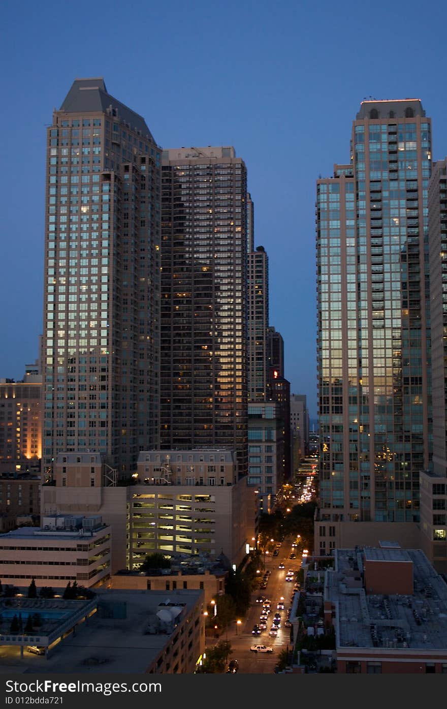 skyscrapers in chicago downtown at the sunset