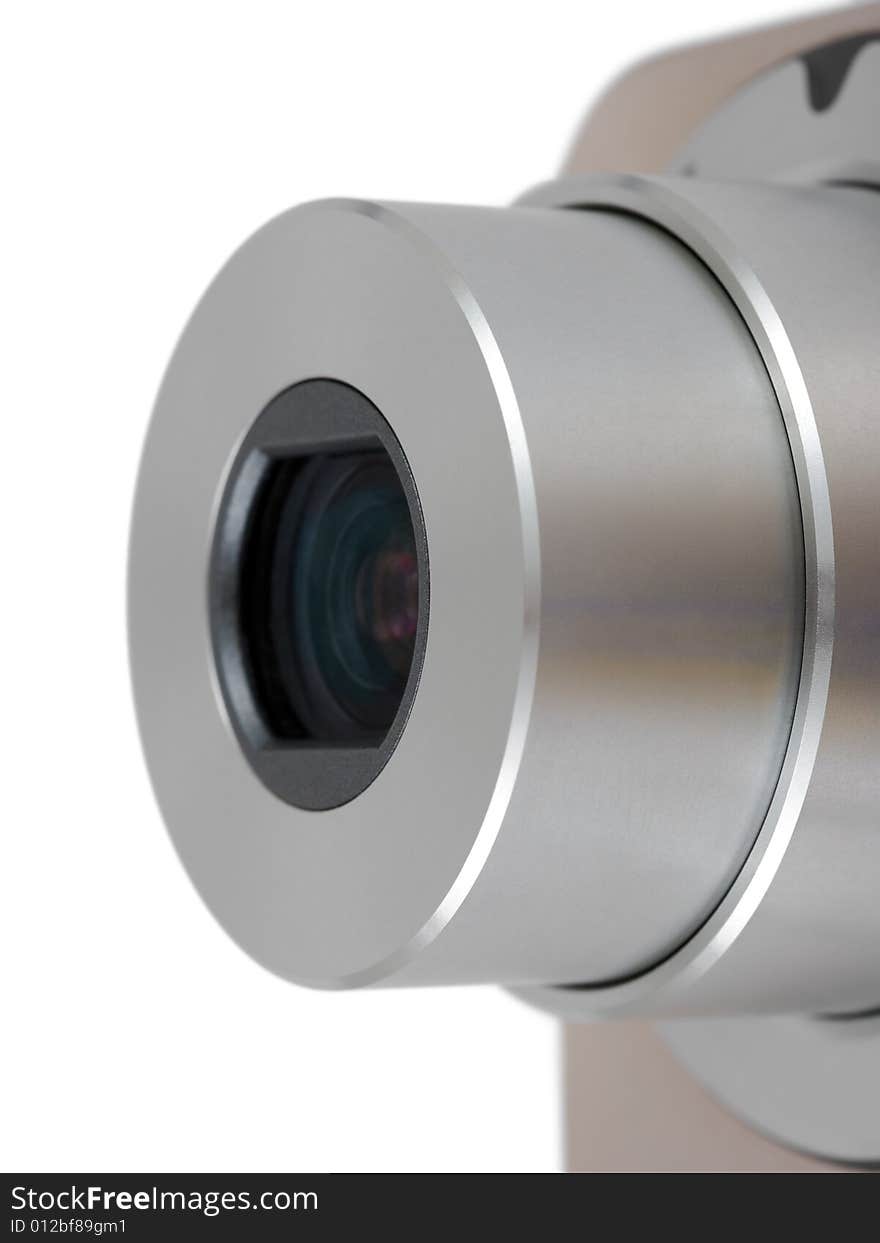 Macro of camera lens isolated on white background