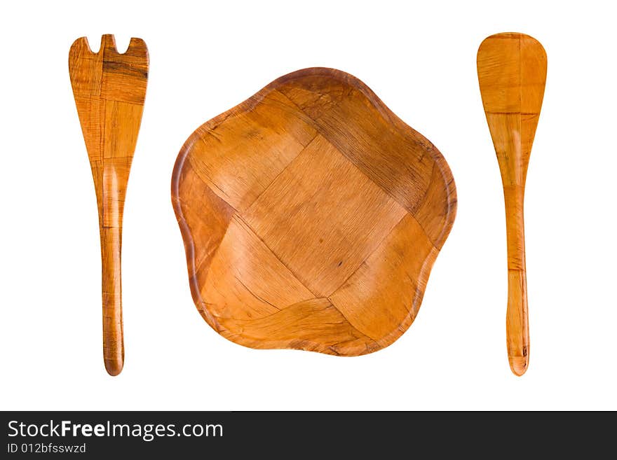 Wood plate, spoon and fork