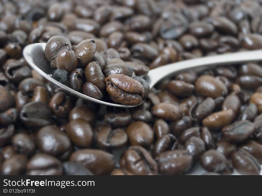 Closeup shot of coffee beans on teaspoon