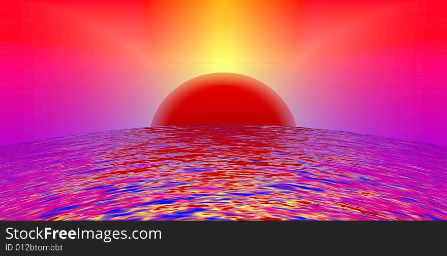 Bright decorative background. Red planet slowly mounts from the ocean. Abstract illustration. Bright decorative background. Red planet slowly mounts from the ocean. Abstract illustration.