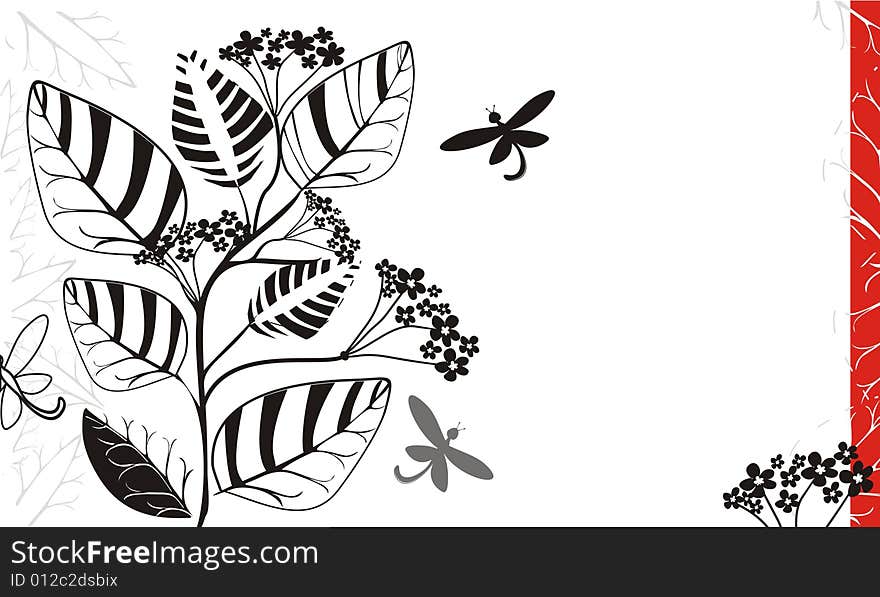 Black plant and butterflies on the white background. Black plant and butterflies on the white background