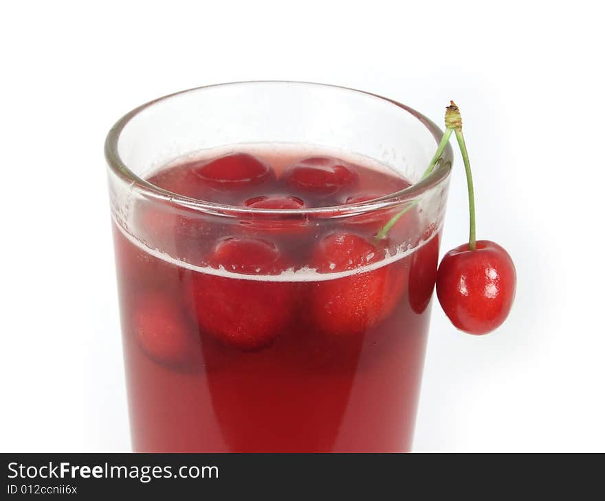 Fresh juice of cherries isolated on white background