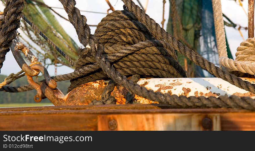 Rope coiled on a ship; in horizontal orientation