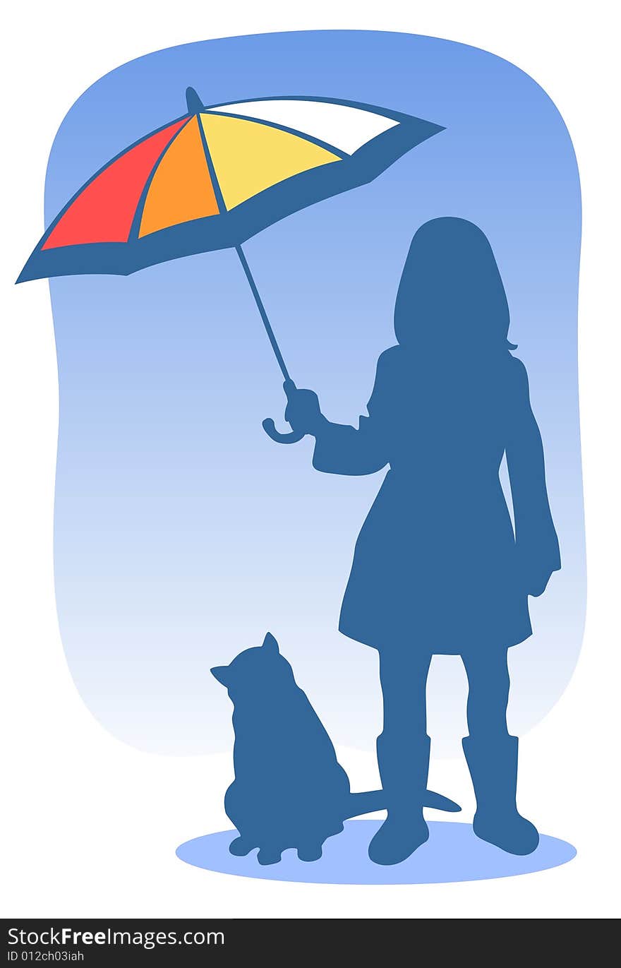 Young girl with umbrella and cat silhouettes on a blue background. Young girl with umbrella and cat silhouettes on a blue background.