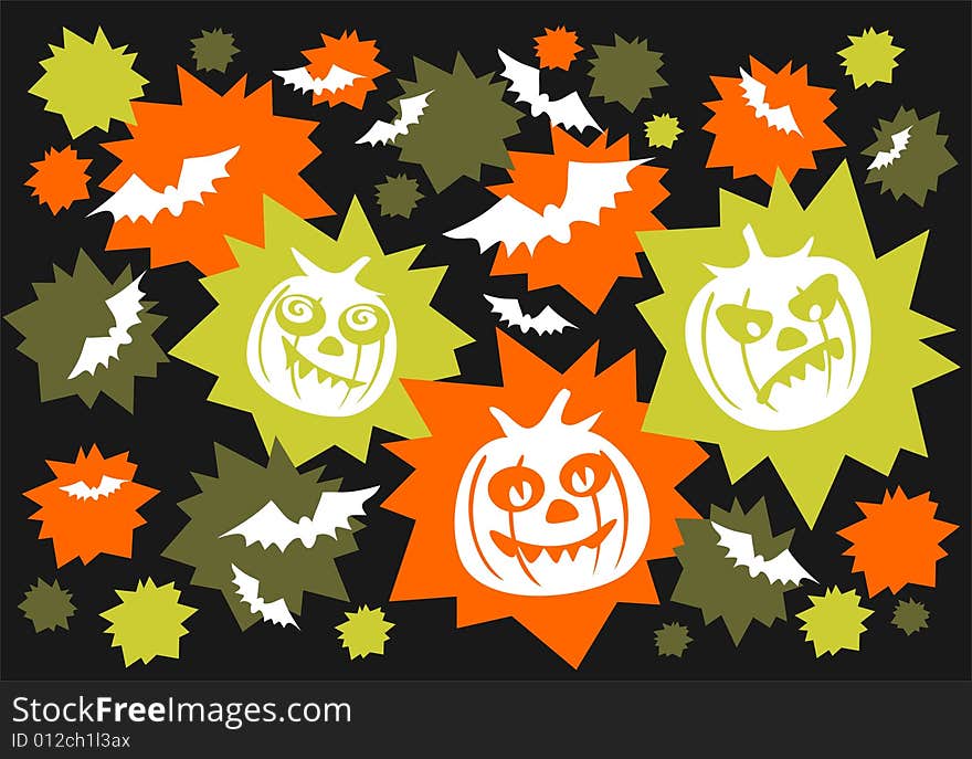 Pumpkins and bats on a black background. Halloween illustration. Pumpkins and bats on a black background. Halloween illustration.