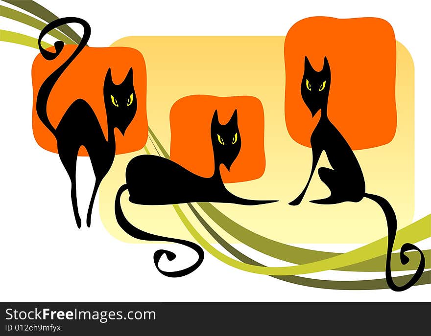 Three black cats on a striped background. Halloween illustration.