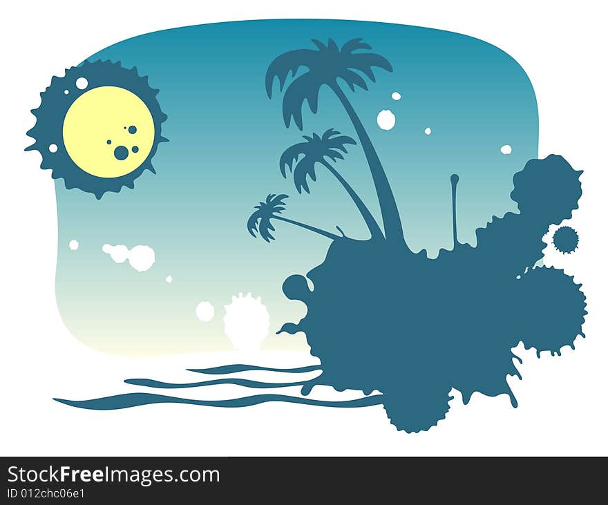 Stylized island with palm trees and moon on a night sky background. Stylized island with palm trees and moon on a night sky background.