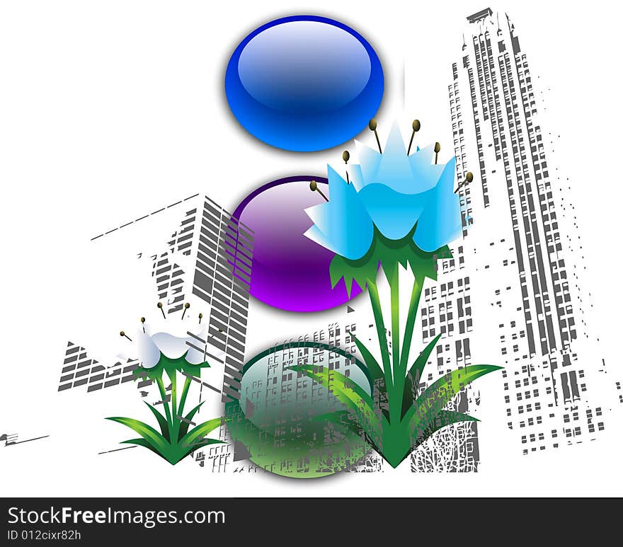 Jpeg and vector illustration with skyscrapers and flower as foreground. Jpeg and vector illustration with skyscrapers and flower as foreground