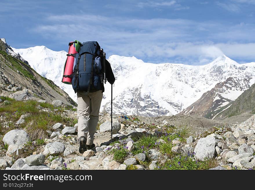 Hiker in Caucasus mountains, Bezengy