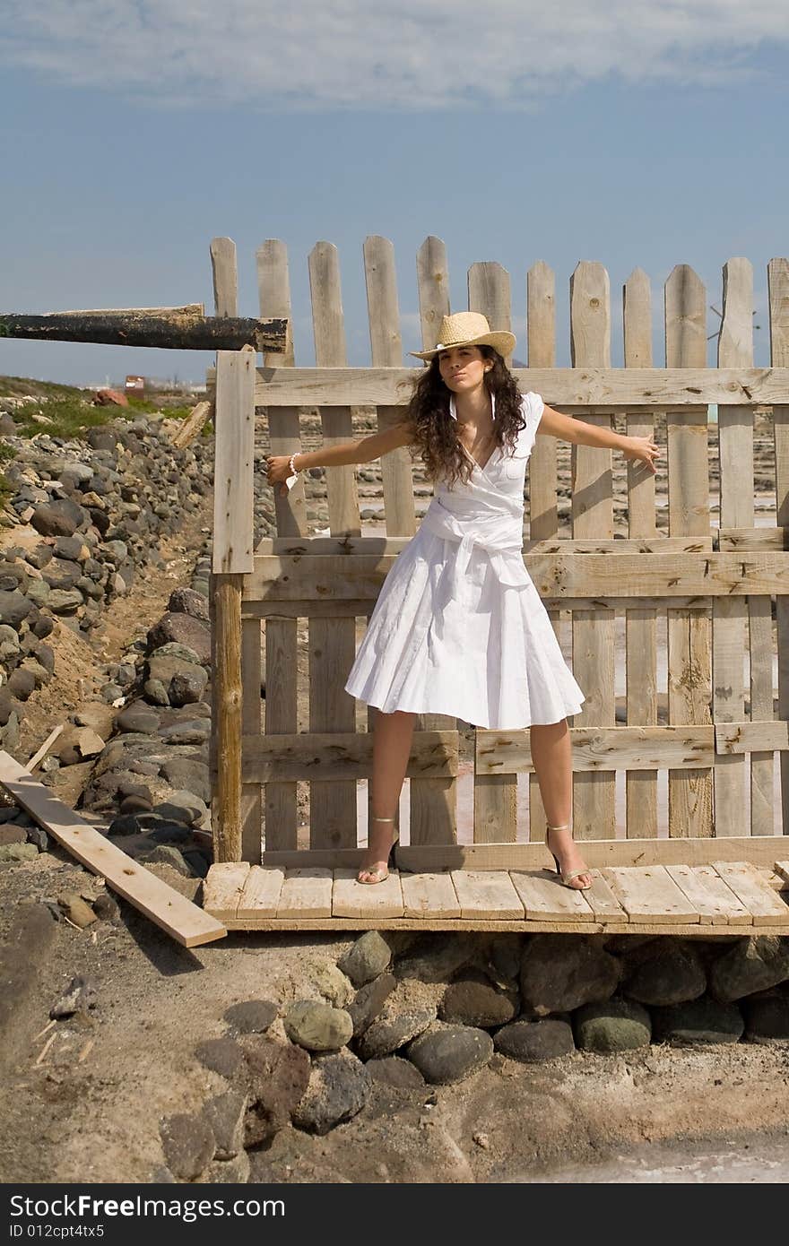 Young attractive woman posing on old wood fence. Young attractive woman posing on old wood fence