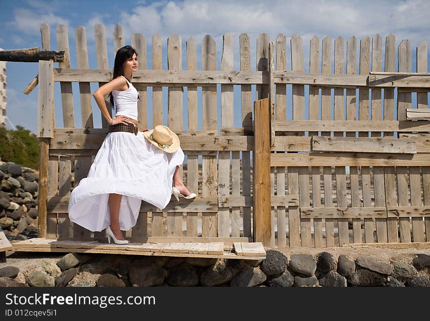 Young attractive woman posing on old wood fence. Young attractive woman posing on old wood fence