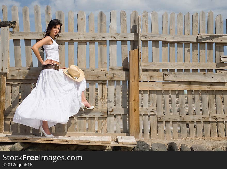 Young attractive woman posing on old wood fence. Young attractive woman posing on old wood fence