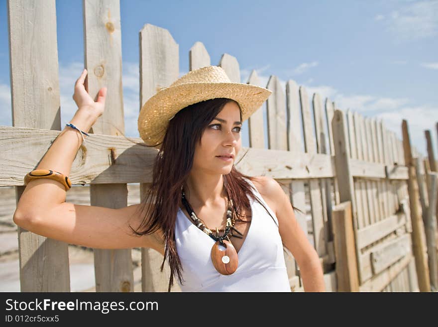 Young attractive woman posing on old wood fence. Young attractive woman posing on old wood fence