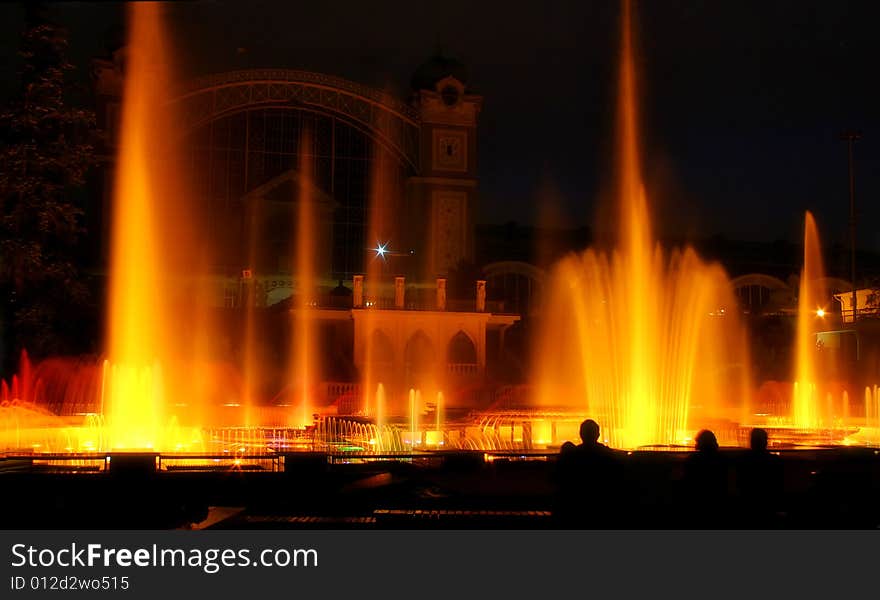 Singing fountains - famous water show in Prague, Czech Republic. Singing fountains - famous water show in Prague, Czech Republic.