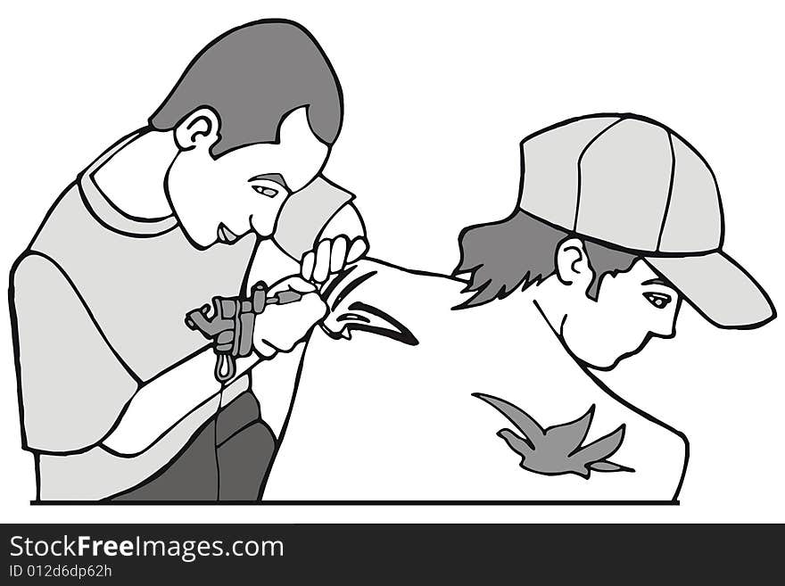 Art illustration of a tattooist and his customer